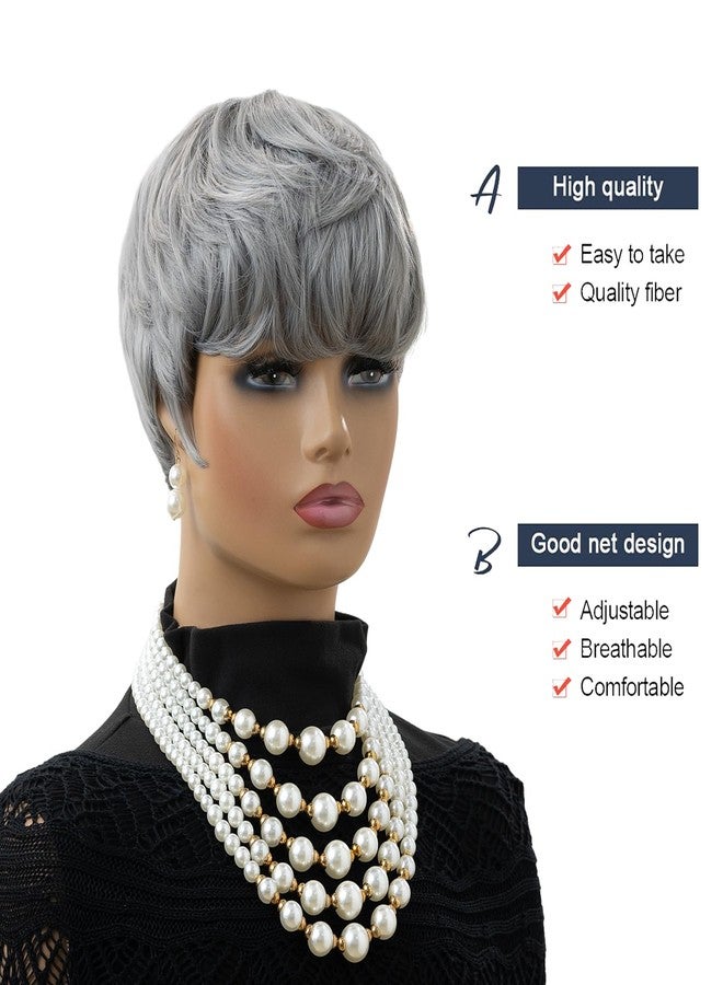 MOONSHOW Short Grey Pixie Wigs for Black Women Short Gray Pixie Wig Pixie Cut Wigs for Black Women Synthetic Glueless Layered Wig with Bangs for Women - Image 3